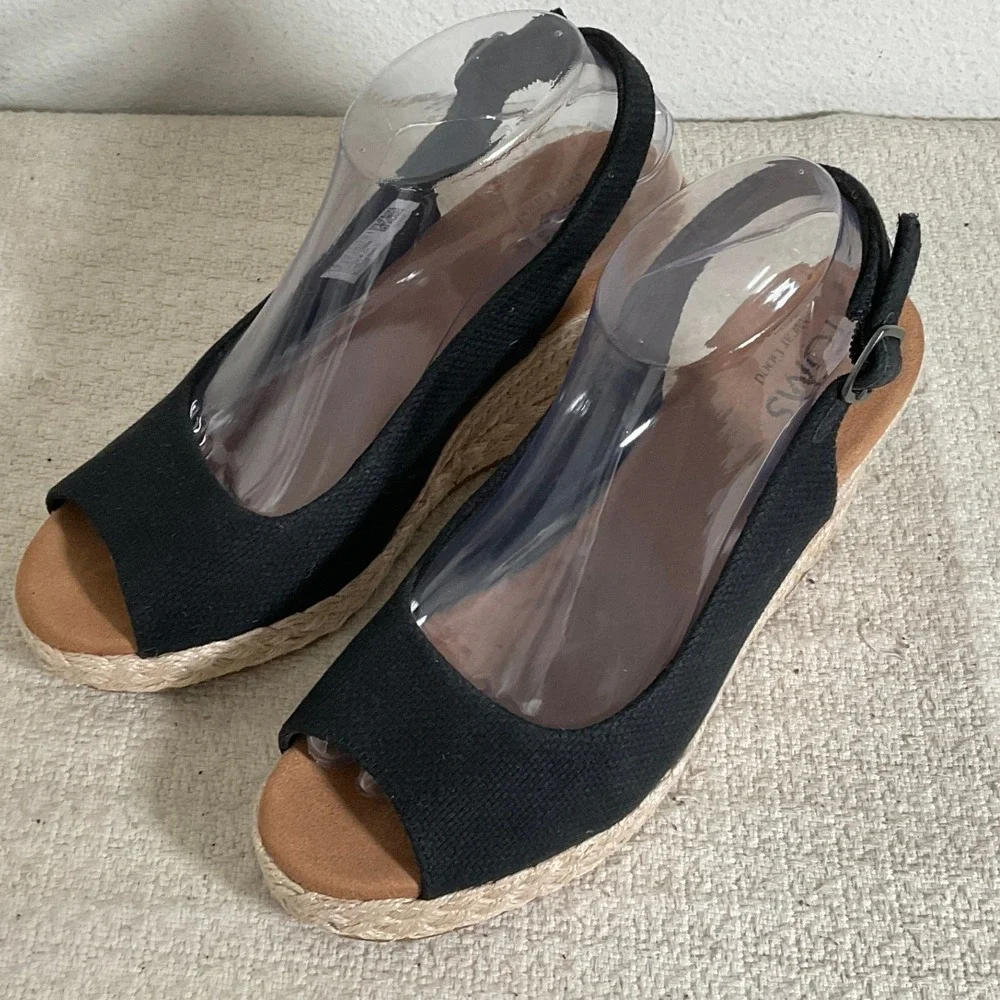 TOMS Black Canvas Peep Toe Espadrille Wedge Slingback Sandals 10022387 Womens 8 - Picture 6 of 14
